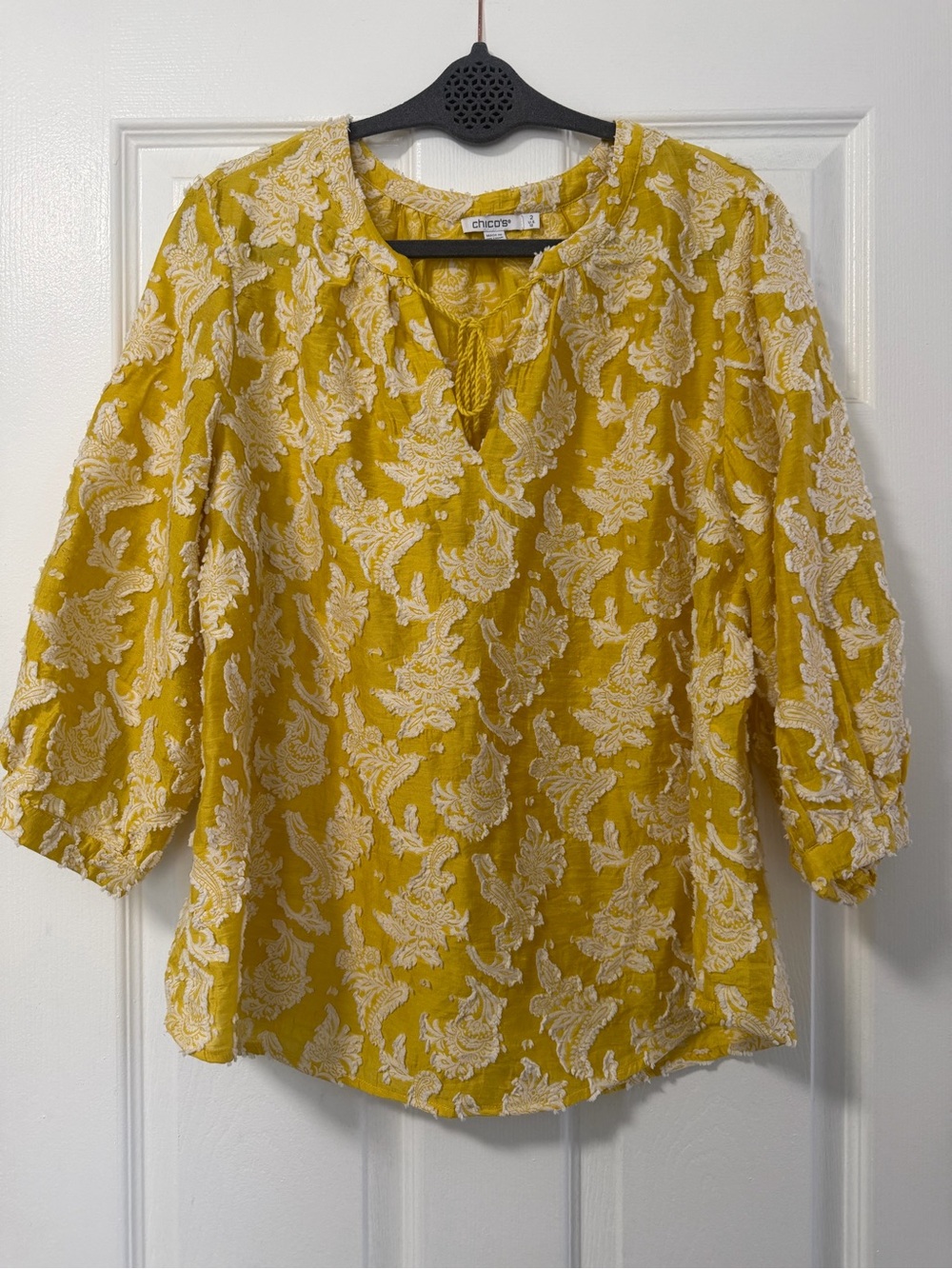 Chico’s Size 2 US 12 Mustard Yellow Burnout Paisley Tassel Tie Boho Blouse